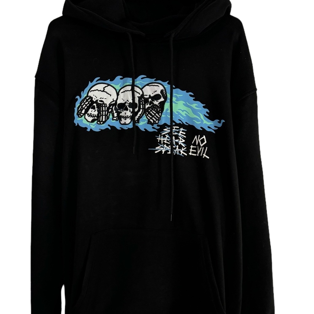 Rue21 Hoodie Black Blue Design No Evil Cotton Fleece Unisex Men's Sweatshirt